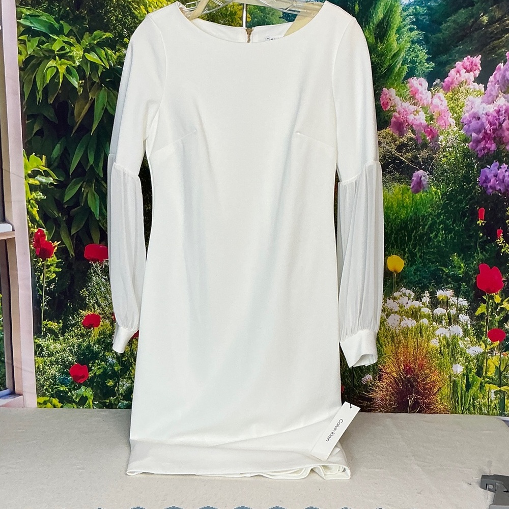 Calvin Klein White Long-Sleeve Pleated Sleeve Sheath Dress sz 6 #1350